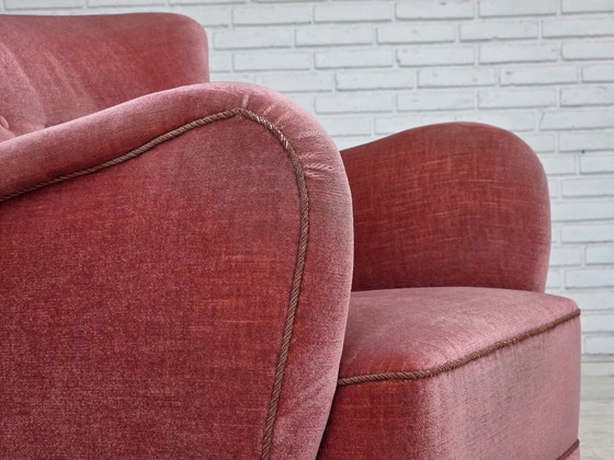 Image 1 of 1970s, Danish armchair, salmon pink furniture velour, oak wood.