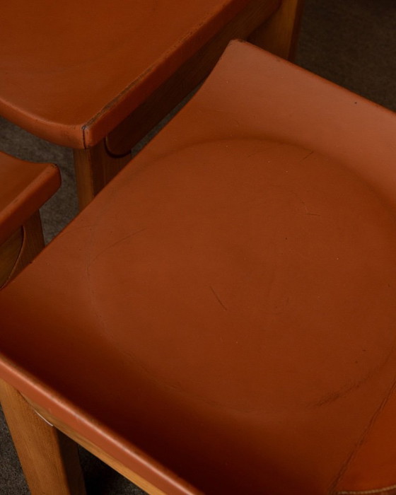 Image 1 of Brutalistische iep en lederen eetkamerstoelen van Giovanni Luigi Gorgoni voor Roche Bobois, jaren 70, set van 7