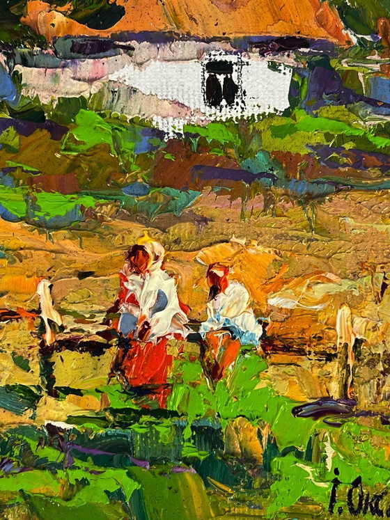 Image 1 of Peinture à l'huile originale représentant un paysage de campagne, un jardin et une maison en vacances d'été à la campagne