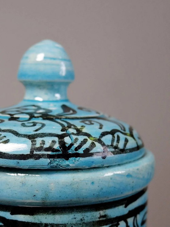 Covered vase or Persian jar, glazed Iznik pottery, vintage turquoise painted., Porcelain, Black (photo 15 of 16)