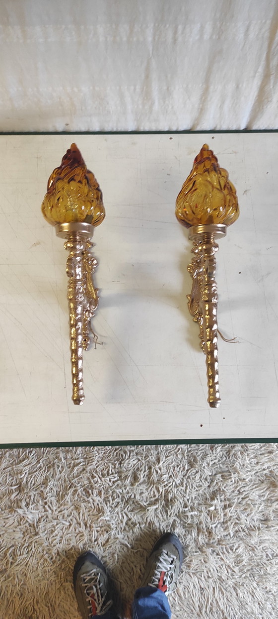 Image 1 of Torch-style wall sconces in gilded cast aluminum and glass - mid-20th century