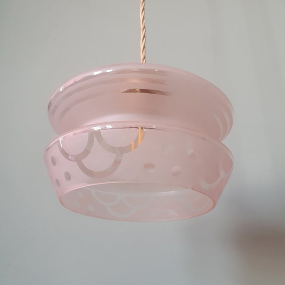 Image 1 of Vintage hanglamp - rose opaline glas met frosted textuur en decoratie 