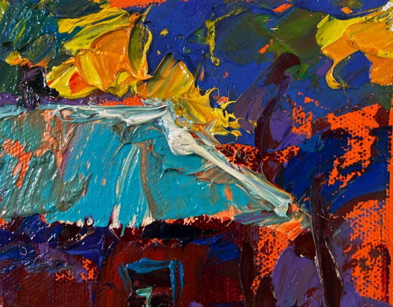 Image 1 of Original Oil Painting Colorful House Landscape Sky disappears into silence