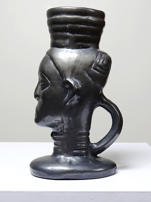 Bougeoir, Verre, Vase Anthropomorphe Céramique Noir Lama Oaxaca Mexique