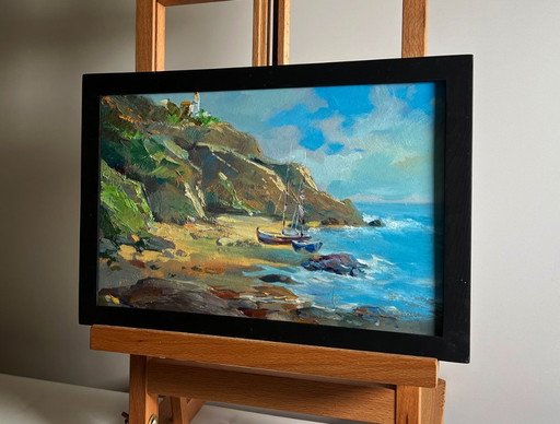 Original Oil Painting Summer Coastal Landscape Sunny day at sea