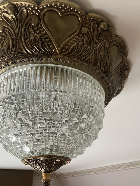 Image 1 of Vintage Art Deco Ceiling Light – Brass with Heart Motif – Crystal Glass