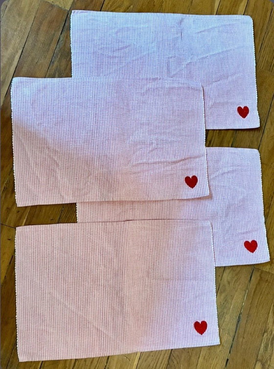 Image 1 of Set of 4 pink and white gingham cotton placemats with heart embroidery