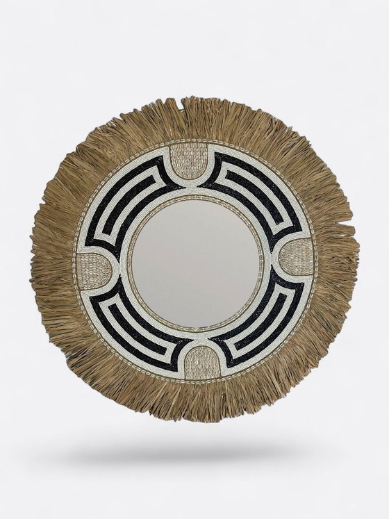 Image 1 of Large mirror made of seashell, pearl, and raffia