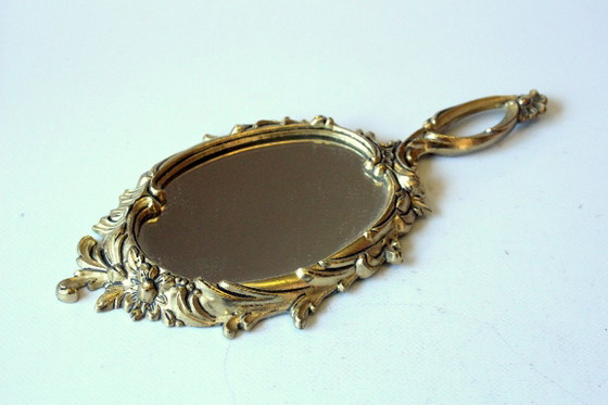 Elegante specchio a mano in ottone, specchio da trucco, vintage, Vetro, Dorato, 1970 (foto 2 di 7)