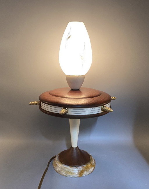 Vintage Mid-Century Tafellamp – Houten & Onyx Voet, Messing Details, Design Jaren 50 – 60 - Unieke Decoratieve Lamp