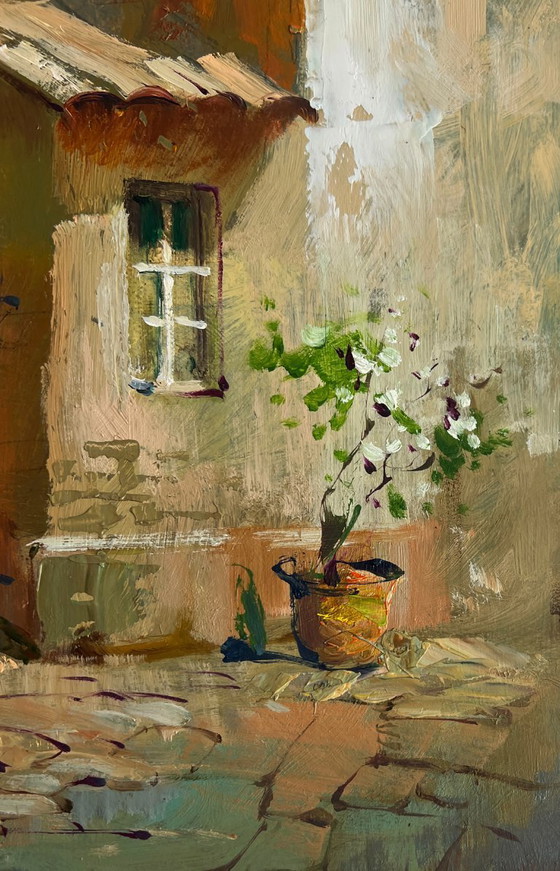 Image 1 of Original Oil Painting Summer Street Landscape Old house in the city