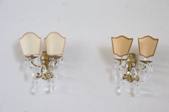Image 1 of Wall Lights in Gilded Bronze and Crystal, Set of 2, 1980s