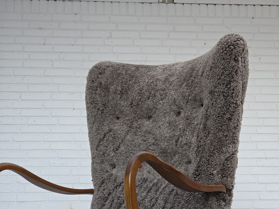 Image 1 of 1960s Reupholstered Danish Armchair with Stool, Genuine Sheepskin
