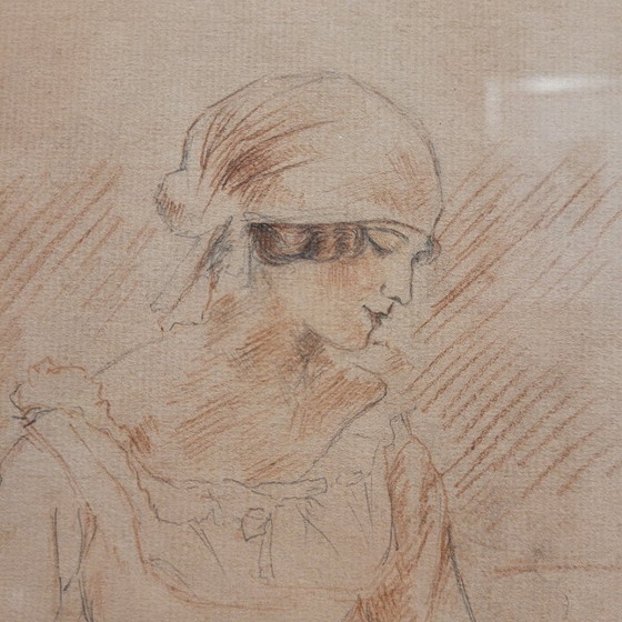 Image 1 of Disegno su carta "Ritratto femminile con margherita", firmato Boiscel, Art Nouveau, circa 1900 - Francia