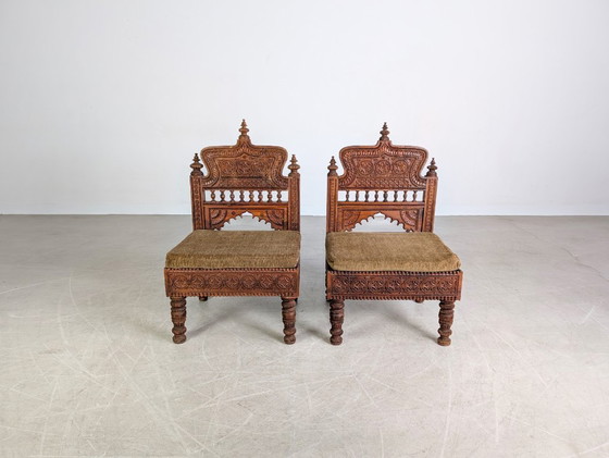 Image 1 of Ensemble de 2 fauteuils de salon indiens, fauteuils Art déco sculptés à la main