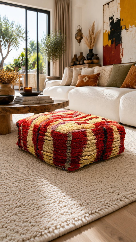 Pouf Berbero Marocchino Multicolore in Lana Fatto a Mano – 60 × 60 cm – Cuscini, Wool (photo 4 of 7)