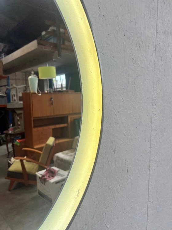 Image 1 of Vintage Round Wooden Wall Mirror With Lighting, Xl, 1970's