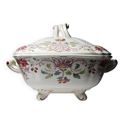 Antike Longchamp Suppenterrine/Gemüseschale mit polychromen Gänseblümchen aus Eisenstein.