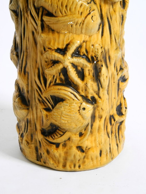Image 1 of Beautiful large handmade glazed ceramic floor vase, handled vase with maritime fish and starfish motifs | Mid Century Modern