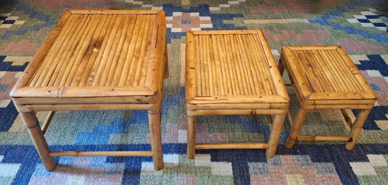 Image 1 of Mid Century Set of 3 Nesting Patinated Bamboo Tables, 1960s