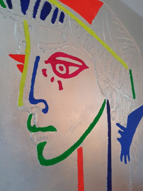 Peinture avec visage stylisé, argent et multicolore, Peintures et dessins, Toile, Argenté, Modern (photo 3 sur 5)