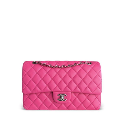 Bolso Chanel Classic Flap mediano - Piel de cordero acolchada, rosa fucsia, herrajes plateados, Serie 19