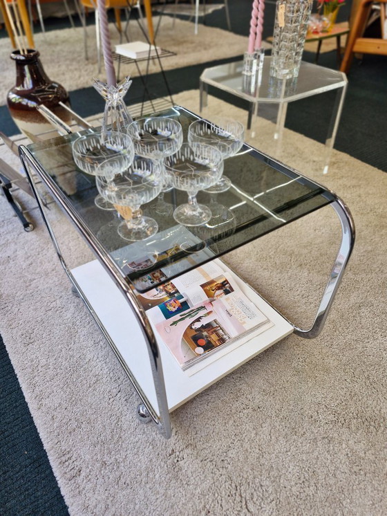 Image 1 of Table d'appoint trolley vintage style Space Age, verre fumé/blanc années 70