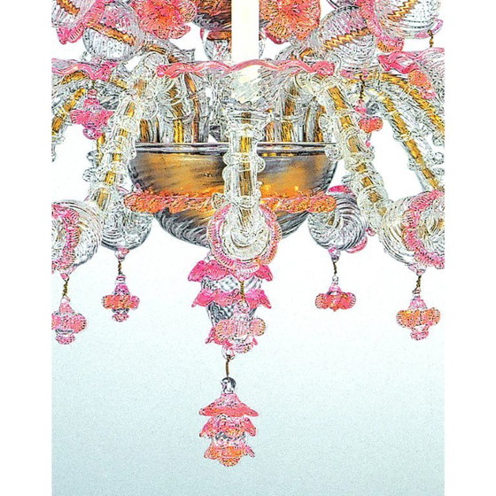 Image 1 of Venetiaanse kroonluchter "Ca' Rezzonico" in transparant Murano-glas met roze bloemmotief.