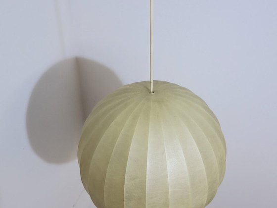 Image 1 of 1970s Italian Cocoon Globe Pendant Lamp with teak details