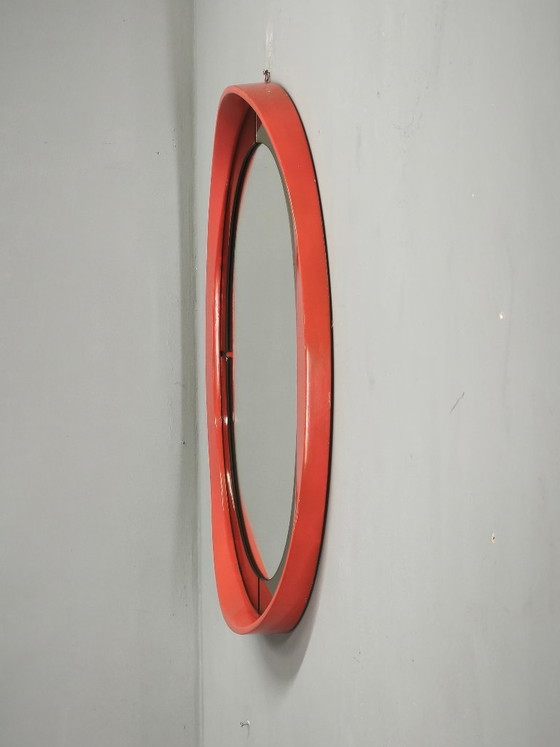 1970s Italian Space Age Red Lacquer and Smoked Glass Round Mirror – Wood (photo 7 of 9)