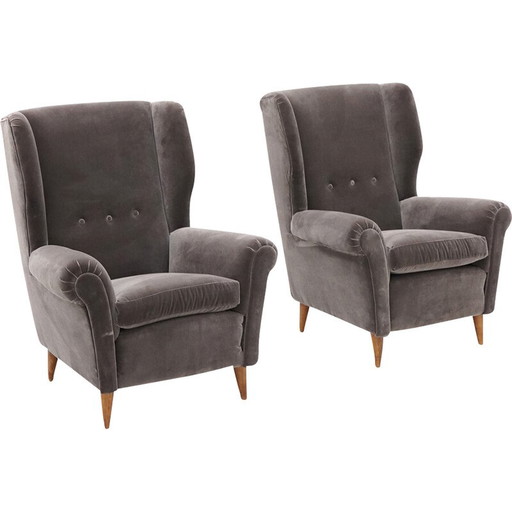 Pareja de sillones de terciopelo gris, años 50