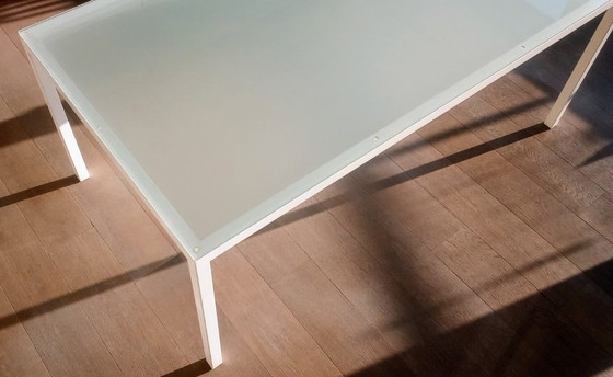 Image 1 of Designer table with white base, frosted glass tabletop; 180x99.50x74cm, detachable