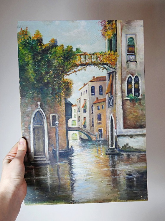 Image 1 of Pintura veneciana, óleo sobre tabla, canal antiguo y fachadas.
