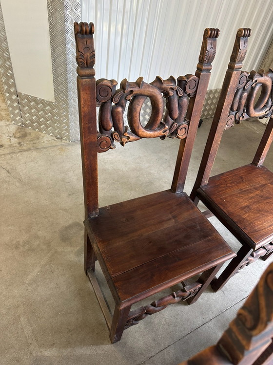 6 Alsatian carved and openwork wooden chairs - 19th century, Dining chairs, Brown (photo 5 of 15)