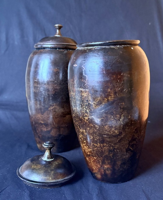 Two vintage wooden vases with lid, brown, Metal (photo 9 of 10)