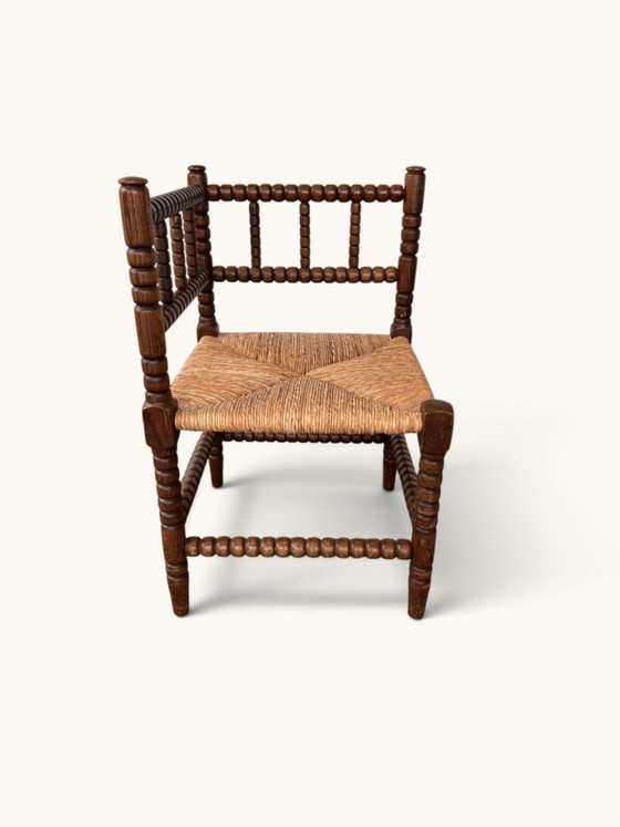 Vintage bobbin hoekstoel van eiken met rieten zitting – Stoelen / fauteuils, Rattan, Wood (photo 8 of 9)