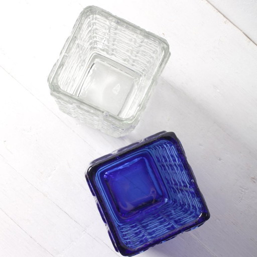 Set of 2 Mid-Century Cobalt Blue & Clear Glass Vases Taalari / Tamara Aladin / Finland / 1969