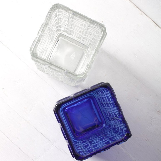 Image 1 of Set of 2 Mid-Century Cobalt Blue & Clear Glass Vases Taalari / Tamara Aladin / Finland / 1969