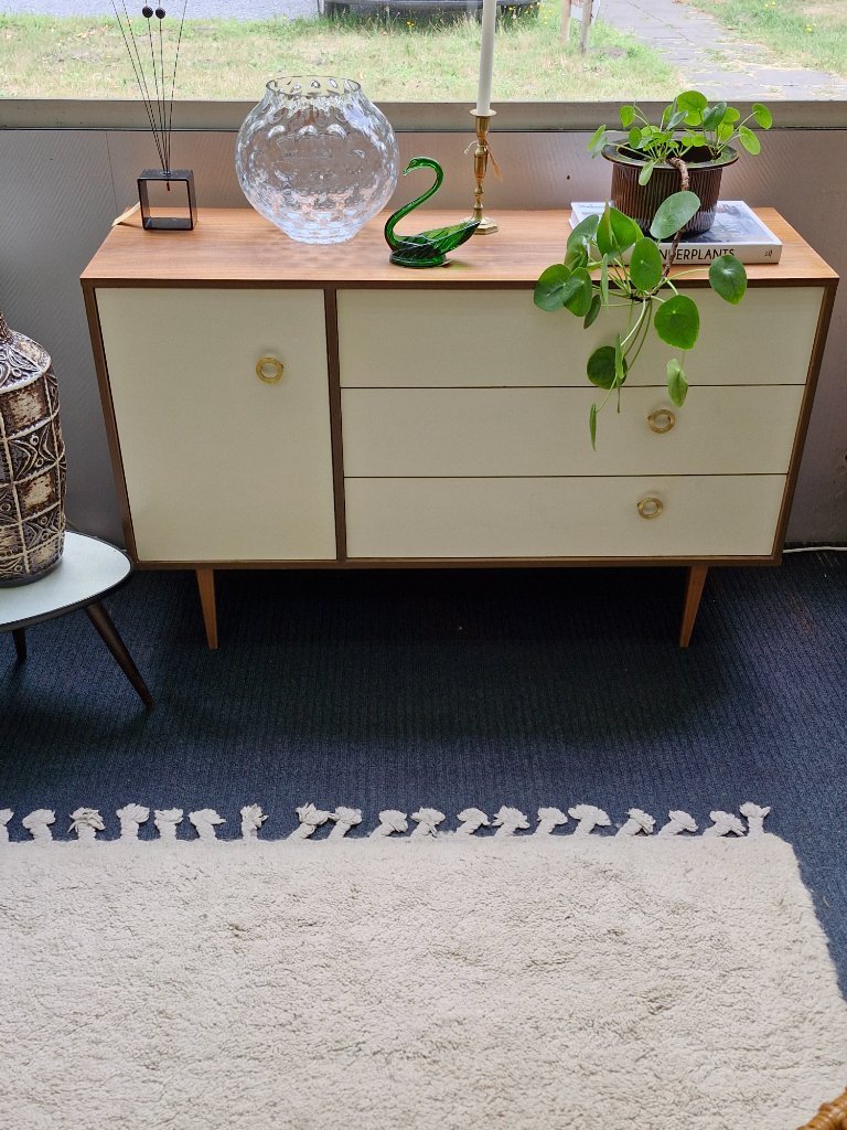 Vintage cabinet cream / teak / brass handles 70s