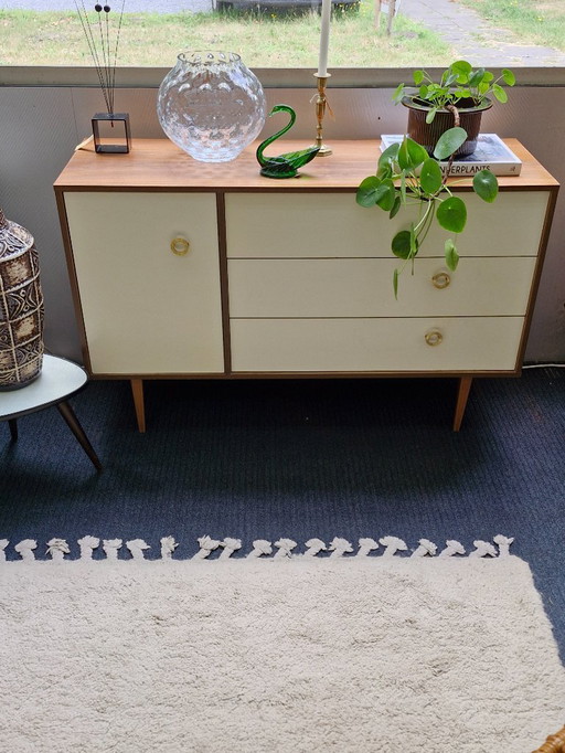 Vintage cabinet cream / teak / brass handles 70s