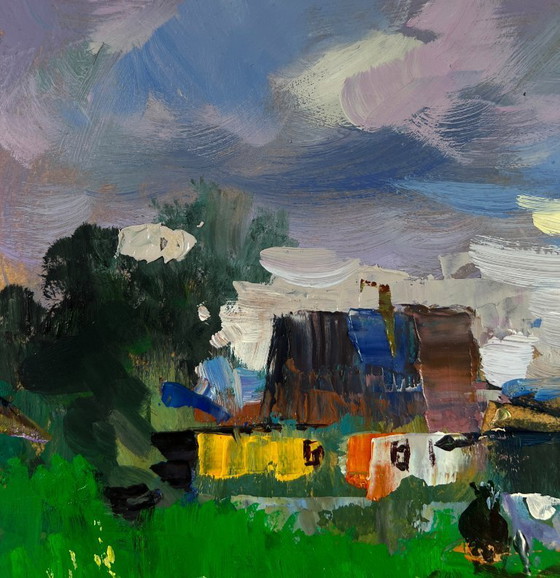 Image 1 of Original Oil Painting Summer Village Landscape Rural idyll with huts and cattle