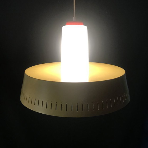 Image 1 of Hanging lamp - Opaline & Perforated Metal - Jo Hammerborg - Fog & Mørup - 1960