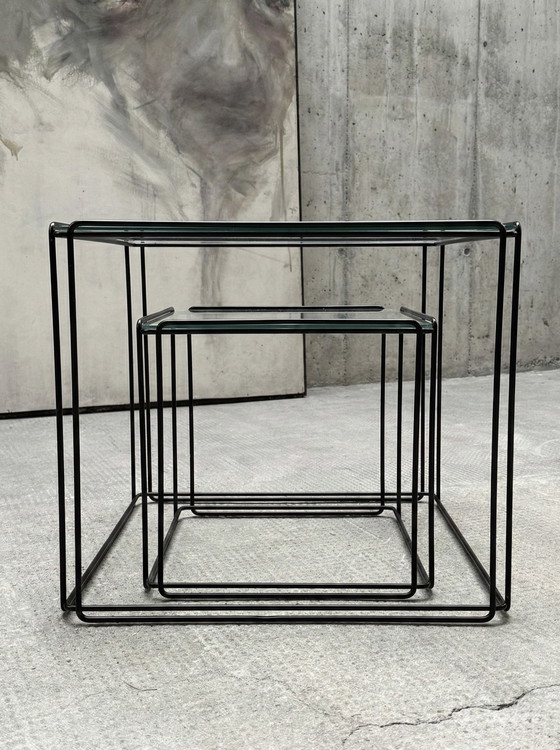 Image 1 of MAX SAUZE “ISOCELE” TAVOLINI SET DI 2 METALLO VETRO NERO FRANCIA ANNI '70