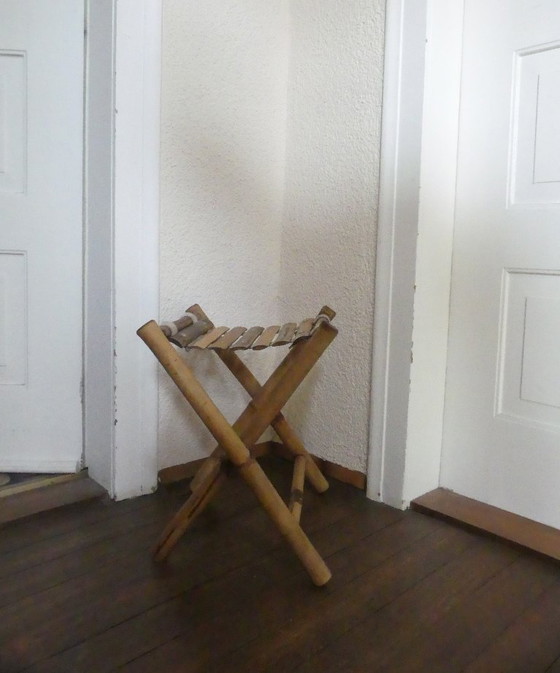 Image 1 of Vintage opvouwbare kruk, visserskruk, bamboe kruk, jaren 70, woaeb