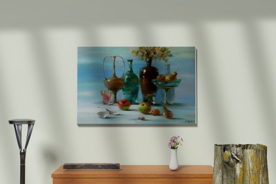 Originales Ölgemälde Abstraktes Flaschen-Früchte-Stillleben – Gemälde & Zeichnungen, Canvas (photo 2 of 12)