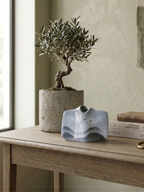 Image 1 of Virebent porcelain vase – blue landscape design – designer bud vase – made in France – 13 cm