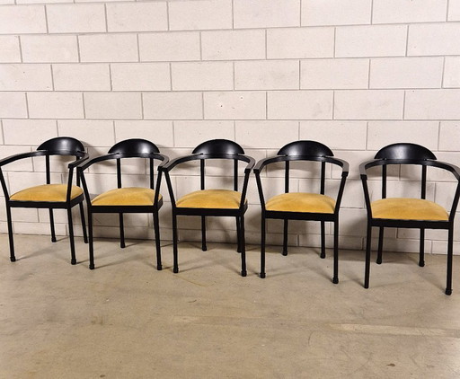 Raro set IKEA Kaaro composto da 5 poltrone con cuscini in tessuto giallo, degli anni '90.