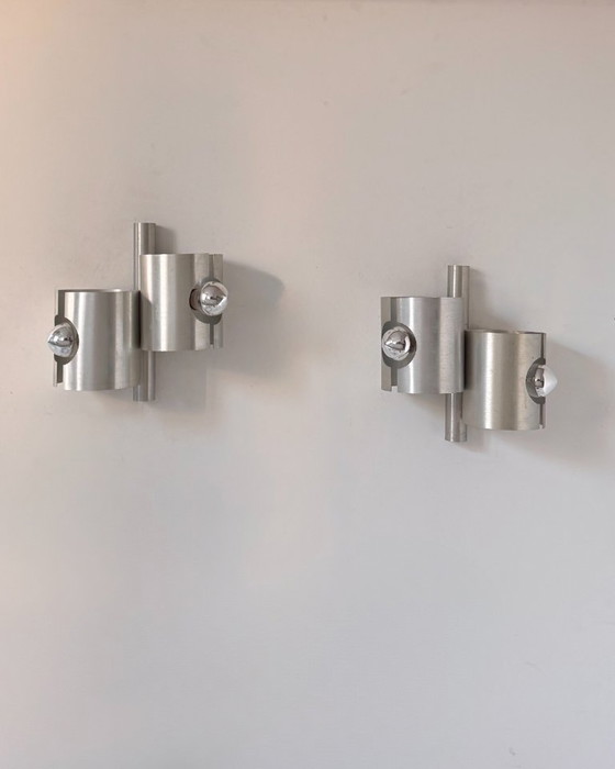 Paar vintage dubbele wandlampen van geborsteld metaal, Frankrijk 1970 – Aluminium (photo 4 of 7)