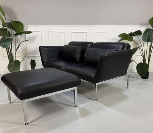 Brühl Roro Designer Leder Schwarz Sofa Schlafsofa Couch + Hocker