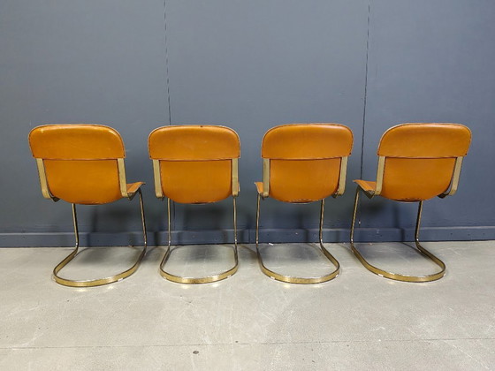 Image 1 of Vintage brass and cognac leather dining chairs by Willy Rizzo for cidue set of 4, 1970s